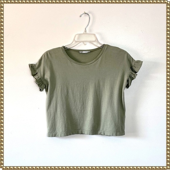 Zara Short Sleeve Ruffle Washed Green Top Small - Picture 2 of 13